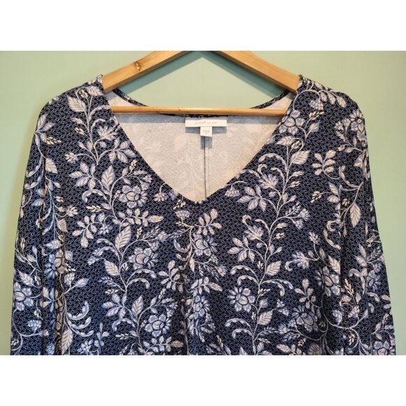 Pure J Jill Eco Terry Blue Floral Long Sleeve V Neck Stretchy Super Soft Top XL - Picture 2 of 6